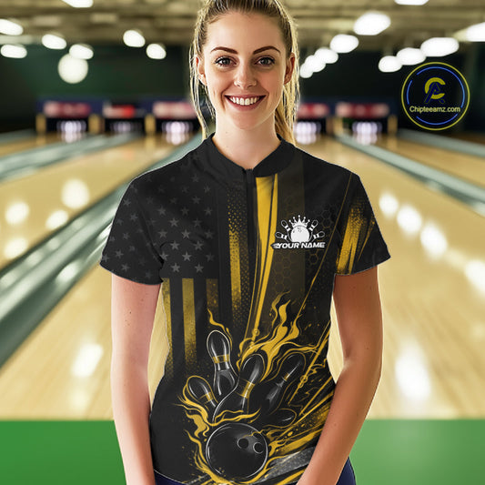 Custom Black And Yellow US Flag Patriotic Women Bowling Shirt, Flame Bowling Jersey IPHW10644