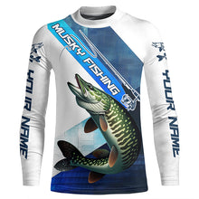 Load image into Gallery viewer, Musky Fishing Custom Long Sleeve Performance Shirts, Muskie Tournament Fishing Jerseys | Blue IPHW6286