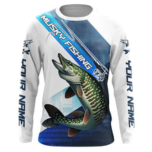 Load image into Gallery viewer, Musky Fishing Custom Long Sleeve Performance Shirts, Muskie Tournament Fishing Jerseys | Blue IPHW6286