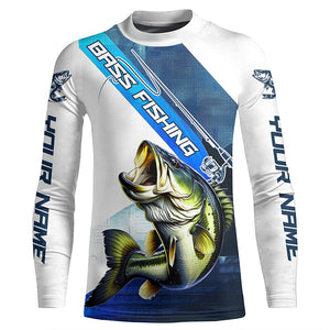 Largemouth Bass Fishing Custom Long Sleeve Performance Shirts, Bass Tournament Fishing Jersey | Blue IPHW6287