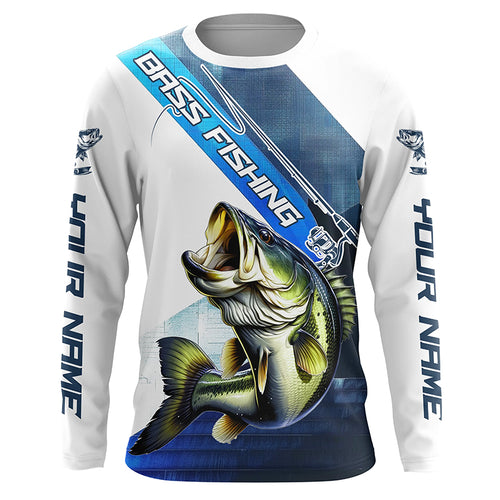 Largemouth Bass Fishing Custom Long Sleeve Performance Shirts, Bass Tournament Fishing Jersey | Blue IPHW6287