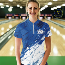 Load image into Gallery viewer, Custom White And Blue Splatter Women Quarter-Zip Bowling League Shirt Team Bowler Outfit IPHW11399