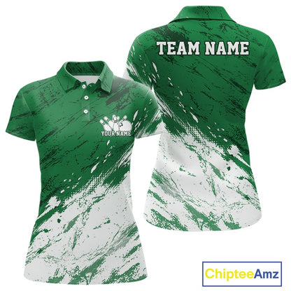 Front and back view of a women's bowling polo shirt mockup featuring a white and green splatter-style sports jersey design