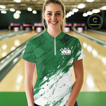 Load image into Gallery viewer, Woman wearing a green and white bowling shirt with a personalized name on a bowling alley background