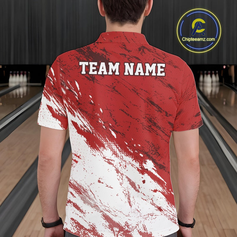 Person wearing a red and white bowling shirt with 'TEAM NAME' on the back, standing in a bowling alley.