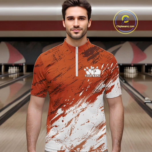 Man wearing a custom bowling shirt with 'Your Name' printed on it in a bowling alley.