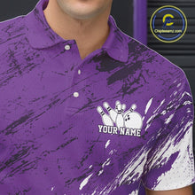 Load image into Gallery viewer, Purple polo shirt with a bowling design and customizable text, featuring the Chipleemazz.com logo.
