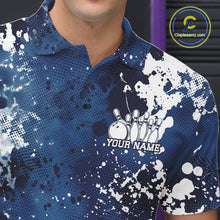 Load image into Gallery viewer, Blue and white patterned polo shirt with bowling design and 'Your Name' text, brand logo visible.