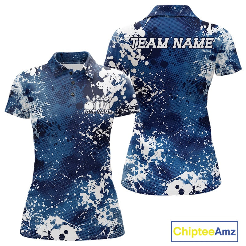 Blue and white splatter patterned polo shirt with customizable text on a white background