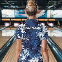 Load image into Gallery viewer, Person wearing a blue and white 'TEAM NAME' shirt in a bowling alley.