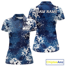 Load image into Gallery viewer, Blue and white splatter patterned polo shirt with customizable text on a white background