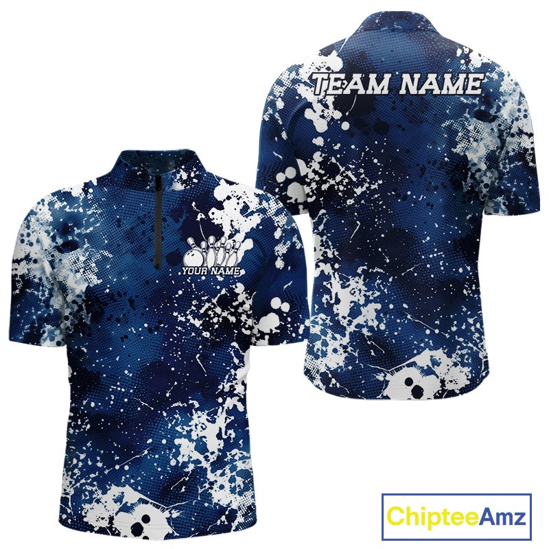 Blue and white splatter patterned polo shirt with customizable text on a white background