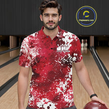 Load image into Gallery viewer, Man wearing a red and white patterned polo shirt with a bowling alley in the background