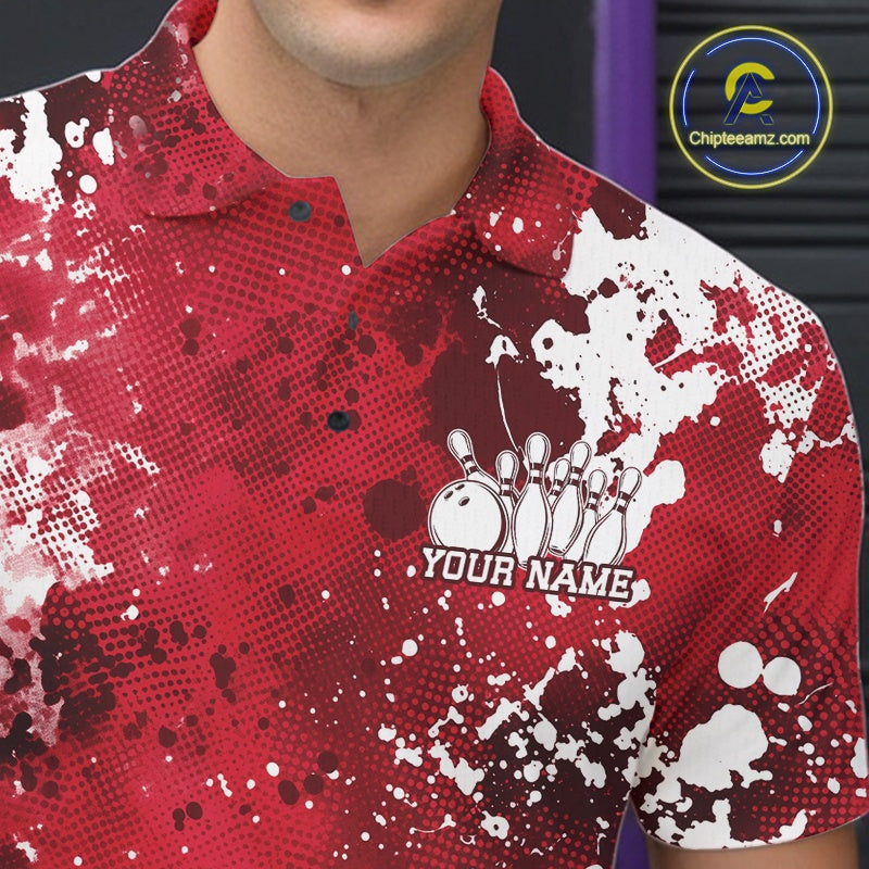Red and white patterned polo shirt with bowling design and 'Your Name' text, brand logo visible.