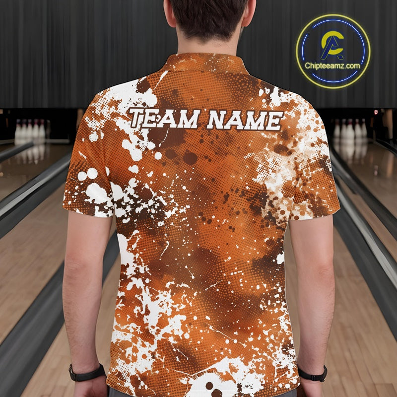 Person wearing a custom bowling shirt with 'TEAM NAME' on the back in a bowling alley.