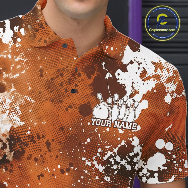 Close-up of a person wearing a custom bowling shirt with splatter design and 'Your Name' text.