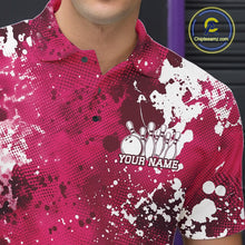 Load image into Gallery viewer, Pink and white patterned polo shirt with bowling design and 'Your Name' text, brand logo visible.