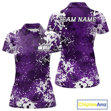 Load image into Gallery viewer, Purple polo shirt with white splatter design, front and back, on a white background, branded 'Chiptee Amz'.