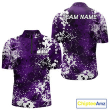 Load image into Gallery viewer, Purple sports jersey with white splatter design and customizable text on a white background