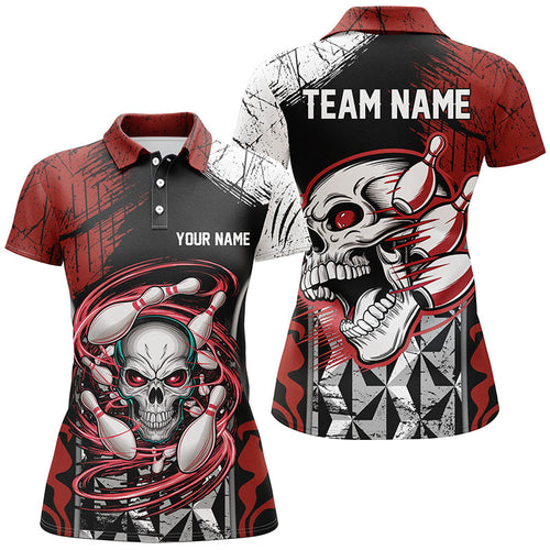 Red And Black Custom Skull Bowling Shirts, Bowling Polo Shirts For Women Bowling Uniform IPHW6750