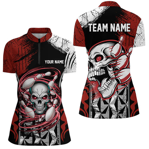 Red And Black Custom Skull Bowling Shirts, Bowling Quarter Zip Shirts For Women IPHW6750