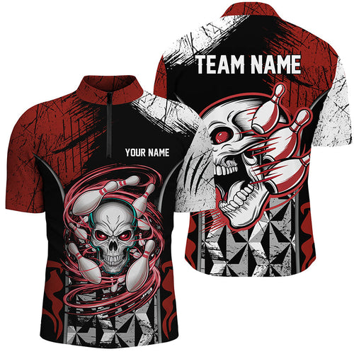 Red And Black Custom Skull Bowling Shirts,  Bowling Quarter Zip Shirts For Men Bowling Uniform IPHW6750