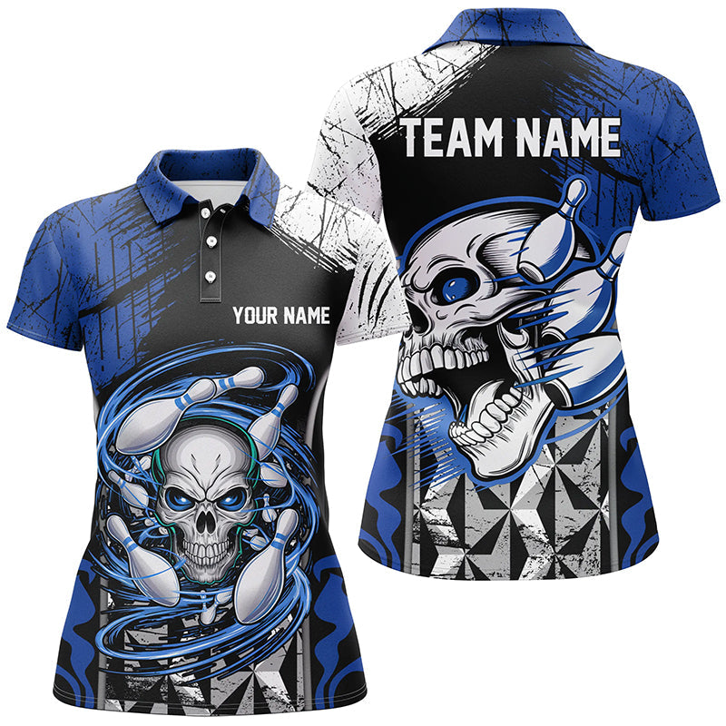 Blue And Black Custom Skull Bowling Shirts, Bowling Polo Shirts For Women Bowling Uniform IPHW6751
