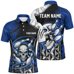 Blue And Black Custom Skull Bowling Shirts, Short Sleeve Bowling Polo Shirts For Men Bowling Uniform IPHW6751