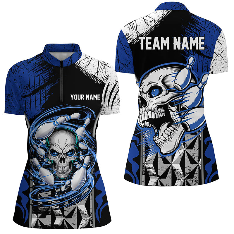 Blue And Black Custom Skull Bowling Shirts, Bowling Quarter Zip Shirts For Women IPHW6751