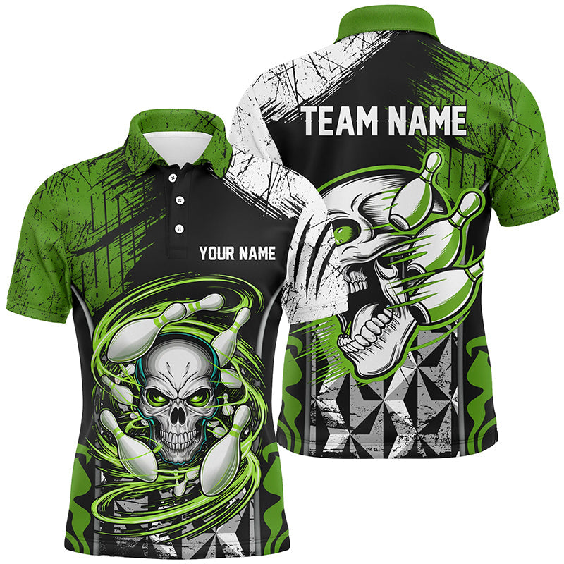 Green And Black Custom Skull Bowling Shirts, Short Sleeve Bowling Polo Shirts For Men IPHW6752