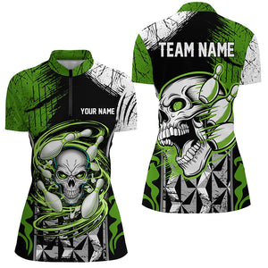 Green And Black Custom Skull Bowling Shirts, Bowling Quarter Zip Shirts For Women IPHW6752