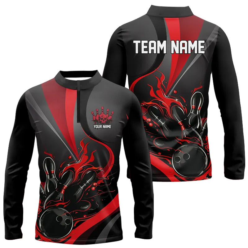 Custom Red And Black Flame Bowling Team Shirts, Strike Bowling Long Sleeve Quarter-Zip Shirt For Men IPHW6755