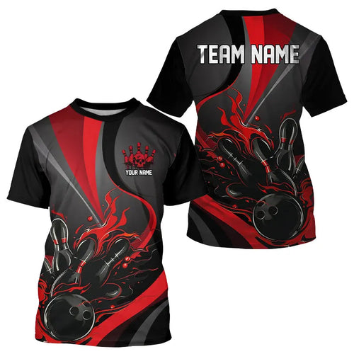 Custom Red And Black Flame Bowling Team Shirts, Strike Bowling T-Shirts For Men IPHW6755