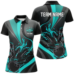 Blue And Black Flame Bowling Team Shirts, Strike Bowling Short Sleeve Polo Shirts For Women IPHW6756