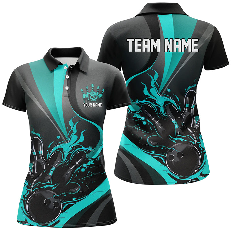 Blue And Black Flame Bowling Team Shirts, Strike Bowling Short Sleeve Polo Shirts For Women IPHW6756