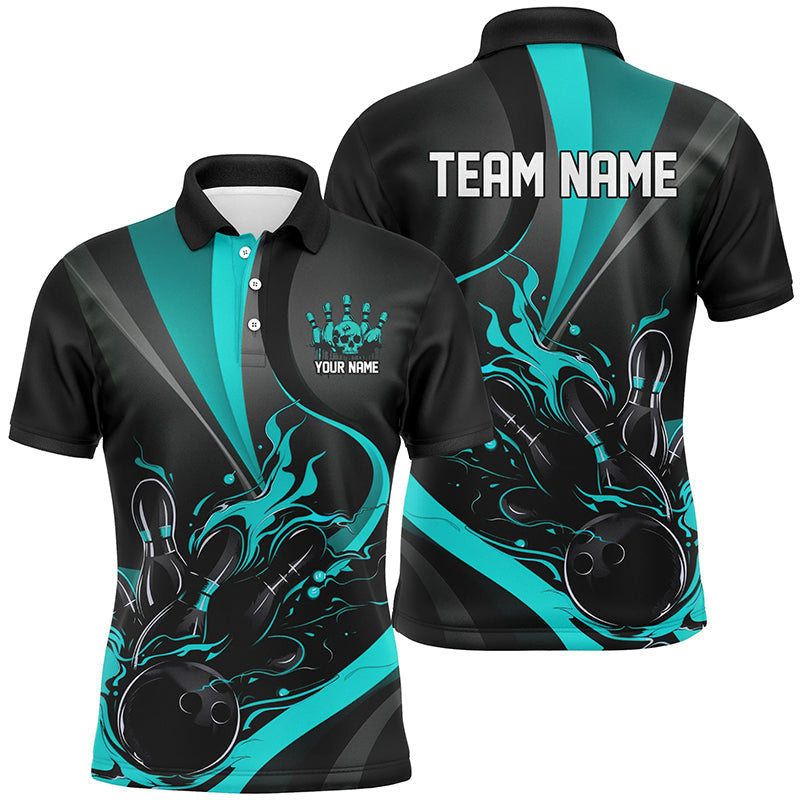 Blue And Black Flame Bowling Team Shirts, Strike Bowling Short Sleeve Polo Shirts For Men IPHW6756