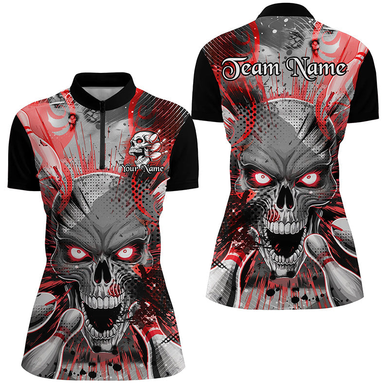 Custom Short Sleeve Skull Bowling Shirts For Women, Halloween Bowling Shirt With Name | Red IPHW6759