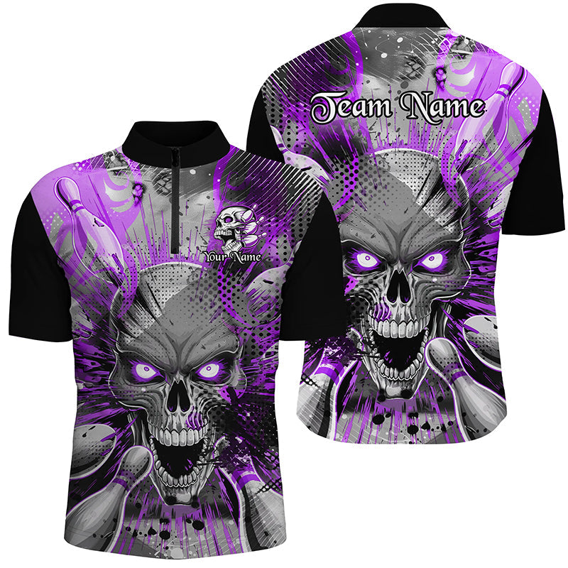 Custom Short Sleeve Skull Bowling Shirts For Men, Halloween Bowling Shirt With Name | Purple IPHW6760