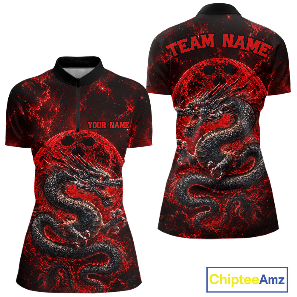 Front and back views of a red custom women's quarter-zip bowling shirt featuring an ancient dragon, flames, and a moon-inspired bowling ball design.