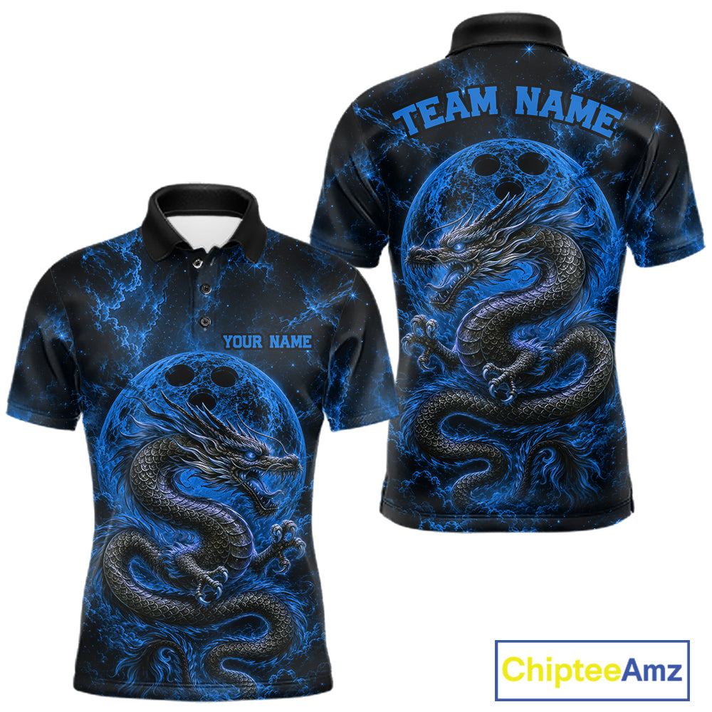 Front and back views of a blue custom men's bowling polo shirt featuring an ancient dragon, flames, and a moon-inspired bowling ball design.