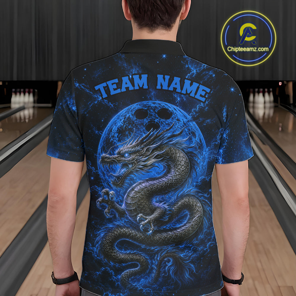 Back view of a male model in a bowling alley wearing a blue custom bowling polo shirt featuring an ancient dragon, flames, and a moon-inspired bowling ball design.