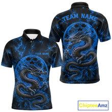 Load image into Gallery viewer, Front and back views of a blue custom men's bowling polo shirt featuring an ancient dragon, flames, and a moon-inspired bowling ball design.