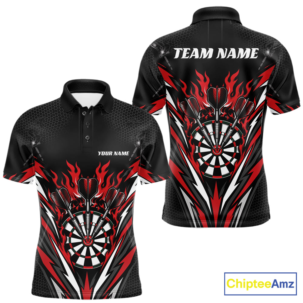 Custom short-sleeve polo shirt shown from front and back on a white background. The shirt is black with a red and white flame-and-dartboard graphic, plus placeholder text reading TEAM NAME and YOUR NAME.