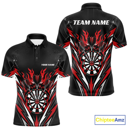 Custom short-sleeve polo shirt shown from front and back on a white background. The shirt is black with a red and white flame-and-dartboard graphic, plus placeholder text reading TEAM NAME and YOUR NAME.