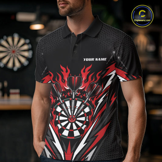 Custom Black And Red Flame Bullseye Darts Men Polo Shirt, Darts Team Jerseys IPHW11717