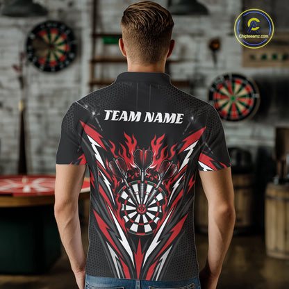 A man viewed from behind wearing a short-sleeve black polo shirt with a red, white, and gray dartboard-themed graphic print and the text 'TEAM NAME' across the upper back. 
