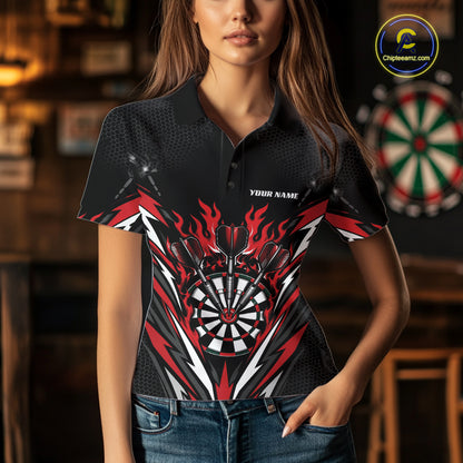 Custom Black And Red Flame Bullseye Darts Women Polo Shirt, Darts Team Jerseys IPHW11717