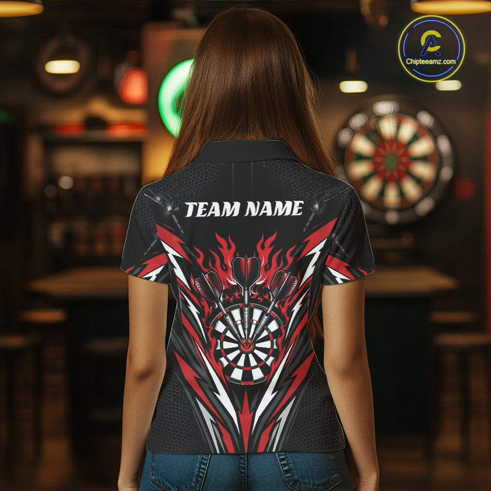 Custom Black And Red Flame Bullseye Darts Women Polo Shirt, Darts Team Jerseys IPHW11717
