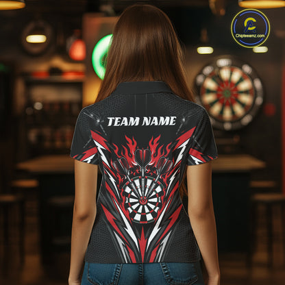 Custom Black And Red Flame Bullseye Darts Women Polo Shirt, Darts Team Jerseys IPHW11717