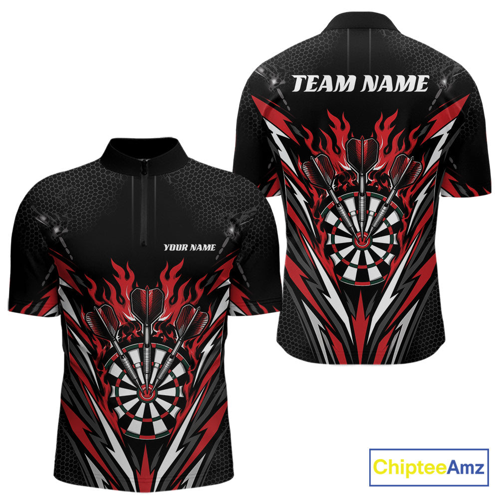 Custom short-sleeve darts quarter zip shirt shown from both front and back, featuring a black base with a red, white, and gray dartboard and flame graphic design